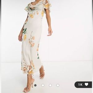 ASOS DESIGN flutter sleeve cowl neck midi dress in cream floral print